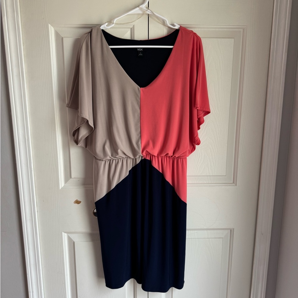 MSK Tan, Navy, and Pink Asymmetrical Smocked Dress